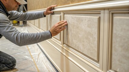 Aufkleber - A closeup detail of a hand running along the surface of one of the newly delivered wall panels showcasing its polished finish and the careful craftsmanship involved in its design.