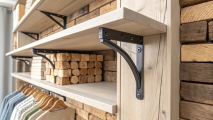 Aufkleber - A closeup of a builtin closet featuring a single unpainted shelf bracket being attached with a backdrop of stacked un wooden planks.