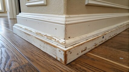 Aufkleber - A closeup image capturing the intricate details of removed molding and baseboards showcasing their wear and tear in preparation for a new design.