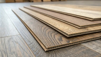 Aufkleber - A close detail shot of textured laminate flooring boards showing the interlocking grooves and edges with the background blurred to emphasize the craftsmanship.
