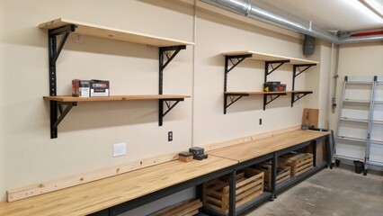 Aufkleber - A clean neutralcolored wall with two large brackets installed awaiting the flat wooden shelves that rest nearby on a workbench.
