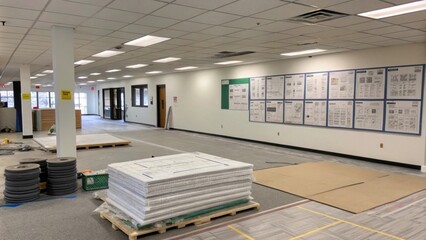 Aufkleber - A clean open floor area where ceiling tiles are neatly stacked on a protective blanket with renovation plans and sketches pinned to a nearby wall.