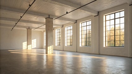 Poster - A clean uncluttered lofi space characterized by its smooth exposed concrete flooring drenched in sunlight filtering through tall narrow windows.