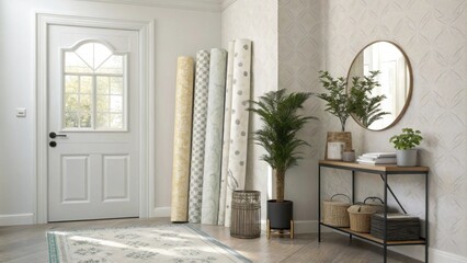 Poster - A clean and stylish entryway with a collection of wallpaper rolls leaning against the wall complemented by a potted plant and a chic mirror.