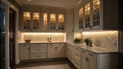 Poster - A charming corner filled with classic shakerstyle cabinets featuring dimly lit undercabinet lights that provide a subtle ambiance against the backdrop of a tiled backsplash.