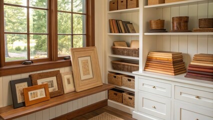 Poster - A charming corner stacked with a collection of warmtoned wooden trim some painted while others retain a rich natural hue that enhances the homely feel.