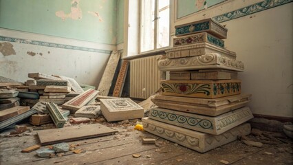 Poster - A chaotic yet artistic scene of molding pieces stacked atop each other in a corner of a room with some fragments slightly askew adding a creative vibe.