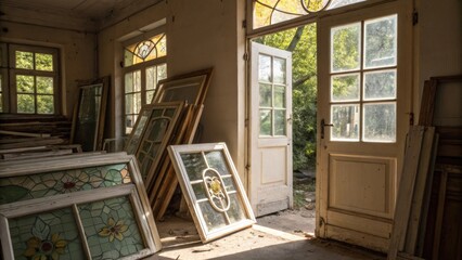 Poster - A chaotic jumble of differentsized window frames some with decorative glass piled near an open doorway letting in streams of natural light.