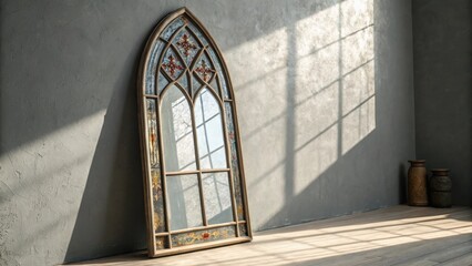 Poster - A cathedralstyle mirror resembling a church window leans against a gray wall casting interesting shadows and providing a sense of vintage elegance.