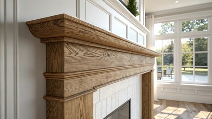Poster - A captivating shot focusing on the transition between the rough wood of the mantel and the pristine wall behind it accented by natural light.