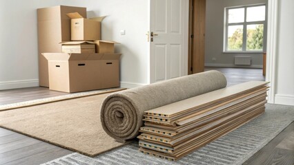 Aufkleber - A casual scene featuring a stack of laminate boards in a corner of a room juxtaposed with rolledup carpet and boxes indicating a space in transition.