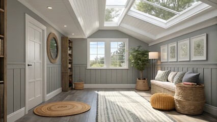 Poster - A bright living area with gray walls and a skylight showcasing a few rolledup rugs suggesting an inviting atmosphere waiting for the right arrangement.