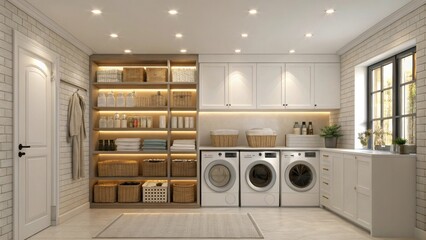 Poster - A bright laundry room with recessed lights providing ample illumination for the organized shelves and modern appliances.