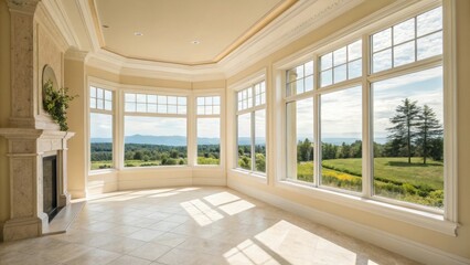 Poster - A bright isolated area with soft creamcolored walls two oversized windows situated perfectly to frame the outside landscape and enhance the feeling of openness.