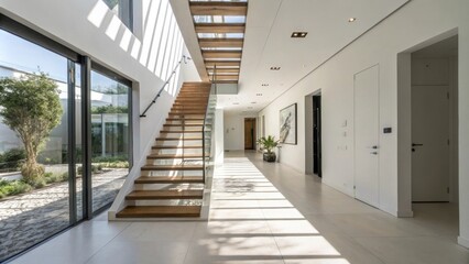 Poster - A bright hallway illuminated by natural light where a striking floating staircase serves as the centerpiece with its treads casting shadows on the white walls.