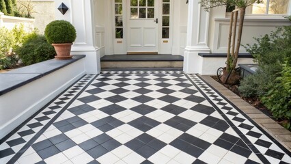 Aufkleber - A bright entry space with a checkerboard layout of black and white tiles. The freshly sealed grout enhances the bold pattern creating a striking visual impact.