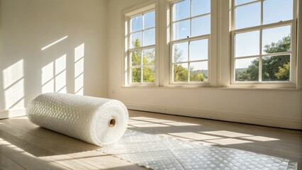 Aufkleber - A bright empty room with a roll of bubble wrap under a window reflecting the sunlight and emphasizing the untouched nature of the space.
