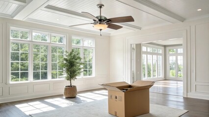 Poster - A bright airy room with white walls and natural light pouring in showcasing a newly bought ceiling fan with a brushed nickel finish waiting in a cardboard box.