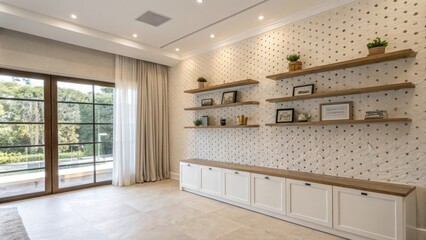 Poster - A bright airy room with a textured wall prepared for floating shelves showcasing the clean precision of the drilled holes against the light backdrop.