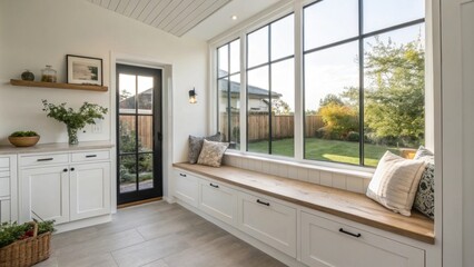 Poster - A bright and airy corner nook with a large window highlighting the clean lines of the weatherproofing that offers both function and minimalistic style.