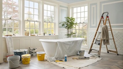 Aufkleber - A bright and airy bathroom featuring a brandnew bathtub under a protective cover surrounded by buckets of paint and tools indicating work in progress.