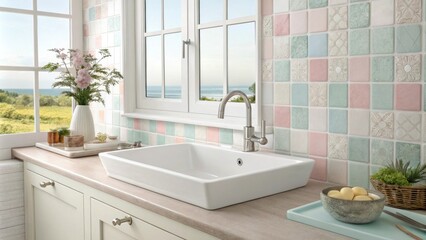 Aufkleber - A bright airy space displays a rectangular sink with a delicate brushed nickel faucet beside it both framed by a backdrop of pastelcolored wall tiles.