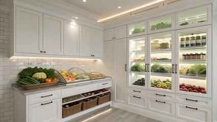 Aufkleber - A bright airy corner dominated by white shaker cabinets where undercabinet lighting is partially installed illuminating fresh produce on an open shelf.