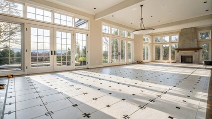 Aufkleber - A bright airy living room with large scale tile spacers spread evenly across the floor with sunlight highlighting the preparation work in progress.