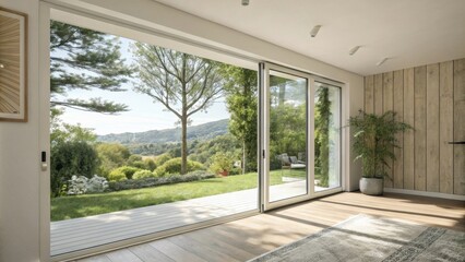 Aufkleber - A bright airy room showcases a sliding glass door installation emphasizing the contrast between the unfinished edges and the clear sightline to the outside greenery.