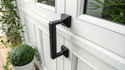 Poster - A bold black door handle set with angular shapes is p on a bright white piece of furniture contrasted further by a splash of green from nearby plants.