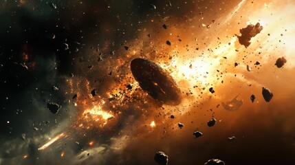 Wall Mural - Cosmic Collision: A Fiery Dance of Space Debris
