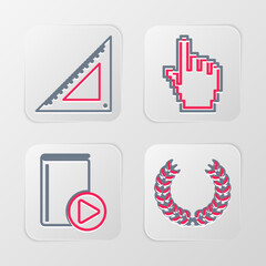 Poster - set line laurel wreath, audio book, pixel hand cursor and triangular ruler icon. vector