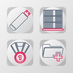 Poster - Set line Add new folder, Medal, Server, Data, Web Hosting and USB flash drive icon. Vector