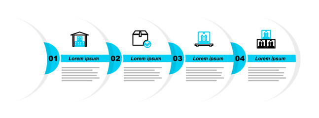Poster - Set line Cardboard box with traffic, boxes on pallet, Package check mark and Warehouse icon. Vector