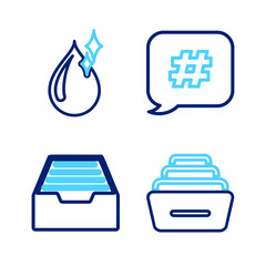 Poster - Set line Drawer with documents, Hashtag speech bubble and Clean water drop icon. Vector