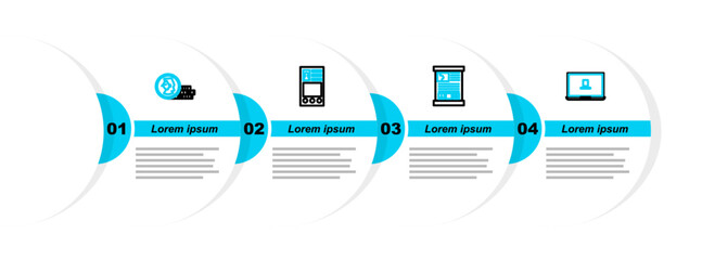 Poster - Set line Laptop, Game guide, Create account screen and Coin for game icon. Vector