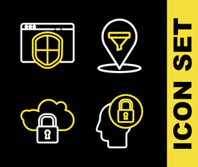 Poster - Set line Location with sales funnel, Human head lock, Cloud computing and Browser shield icon. Vector