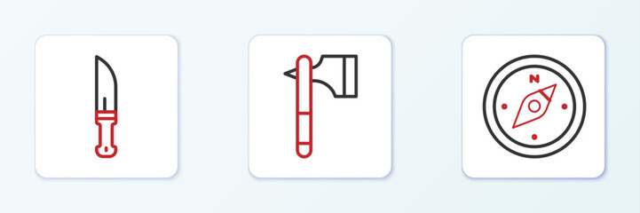 Poster - Set line Compass, Hunter knife and Wooden axe icon. Vector