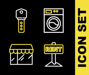 Poster - Set line Washer, Hanging sign with Rent, Market store and House key icon. Vector