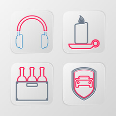 Wall Mural - Set line Car protection or insurance, Bottles of wine box, Burning candle candlestick and Headphones icon. Vector