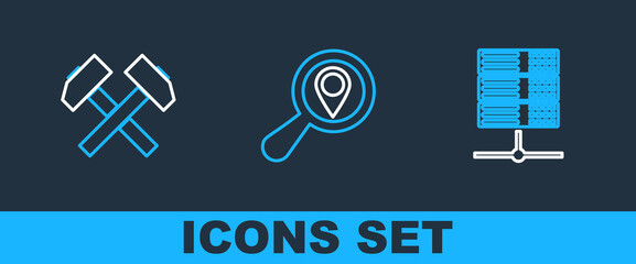 Poster - Set line Server, Data, Web Hosting, Two crossed hammers and Search location icon. Vector