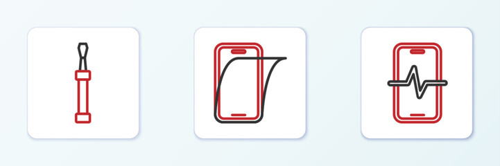 Poster - set line phone repair service, screwdriver and glass screen protector icon. vector