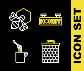 Poster - set line hanging sign with honeycomb, honeycomb, dipper stick and bee and icon. vector