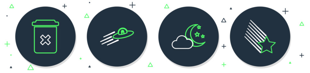 Poster - Set line UFO flying spaceship and alien, Cloud with moon stars, Trash can and Falling icon. Vector