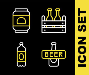 Poster - set line pack of beer bottles, beer, plastic and can icon. vector
