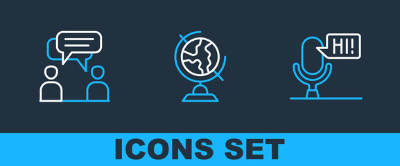 Poster - Set line Microphone voice device, Two sitting men talking and Earth globe icon. Vector
