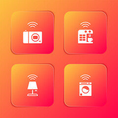 Poster - Set Smart photo camera, coffee machine, table lamp and washer icon. Vector
