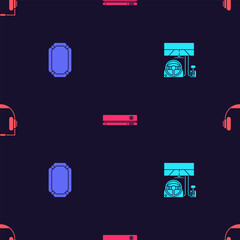 Poster - set racing simulator cockpit, poker table, video game console and headphones on seamless pattern. ve