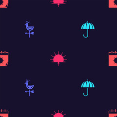 Poster - set umbrella, rooster weather vane, sunrise and calendar and sun on seamless pattern. vector