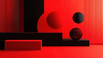 Poster - Dynamic Red and Black Geometric Shapes with Depth and Texture